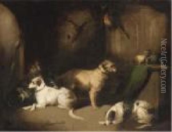 Hounds And Terriers In A Baronial Hall Oil Painting - George Armfield