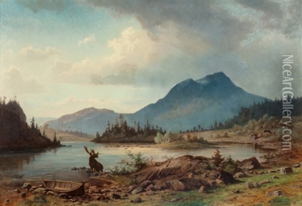 Stalking Moose, 1863 Oil Painting - Harald (Sten H.) Torsslow