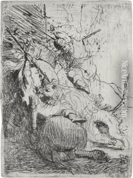 The Small Lion Hunt: With One Lion (b., Holl. 116; H. 6; Bb. 29-3) Oil Painting - Rembrandt Van Rijn