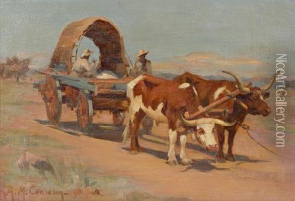 Returning From The Fields - Cattle Drawing A Covered Wagon Oil Painting - Agnes M. Cowieson