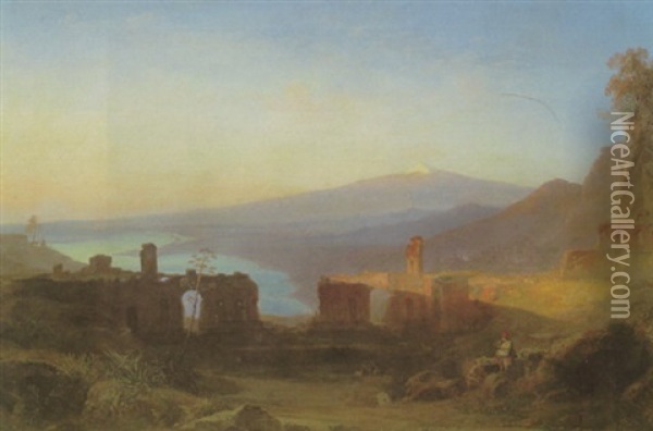 Das Antike Theater Von Taormina Mit Blick Auf Den Atna In Der Ferne Oil Painting - Carl Rottmann