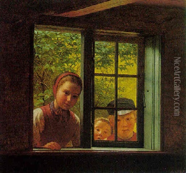 Through The Window Oil Painting - Johann Julius Exner