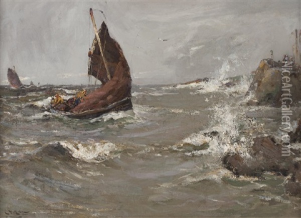 Fishing In Rough Seas Fishing In Rough Seas Oil Painting - William Watt Milne