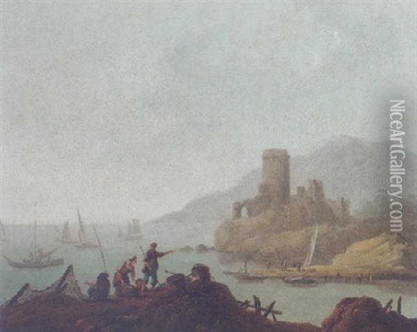 A Coastal Scene With Fishermen On A Rocky Outcrop, A Ruined Castle Beyond Oil Painting - Jean Baptiste Pillement