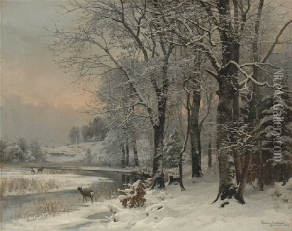 Winterlandschaft Mit Rehen Oil Painting - Anders Andersen-Lundby