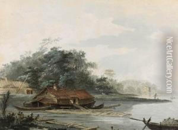 A Lake With A House Boat And Farm Buildings Oil Painting - Louis-Gabriel Moreau the Elder