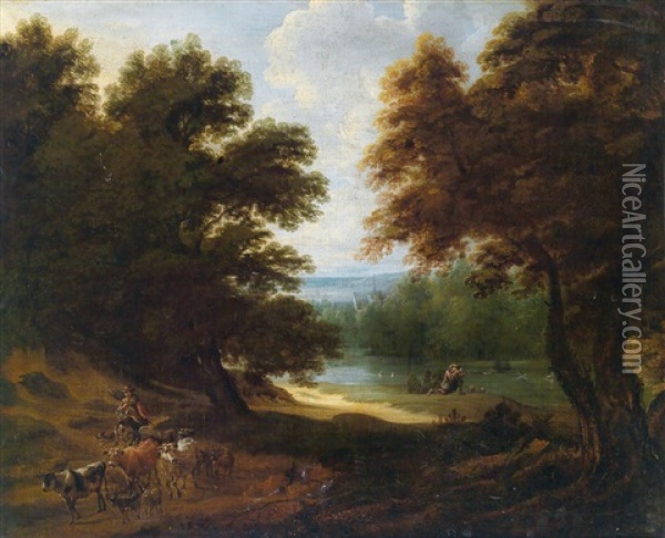 Waldige Hugellandschaft Mit Einem Jager Und Hirtenstaffage Oil Painting - Jacques d' Arthois