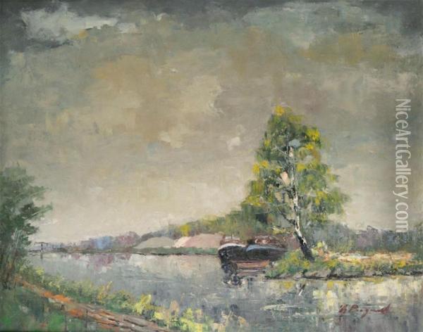 River Landscape With Moored Boats Oil Painting - Theo Bogaert
