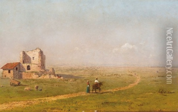 A Ruined Building In An Upland Landscape, Near An Andean Lake (possibly Alto, Peru) Oil Painting - John Bunyan Bristol