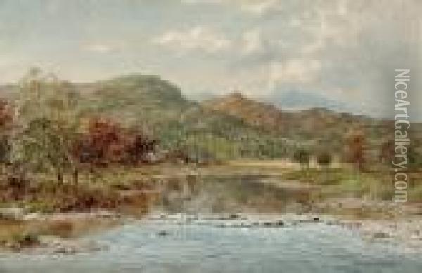 A Faggott Gatherer In A River Landscape, North Wales Oil Painting - William Henry Mander