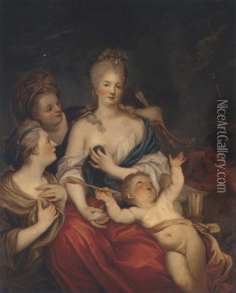 Portrait Of A Lady With Cupid, A Putto And Two Nymphs Oil Painting - Francois Hubert Drouais
