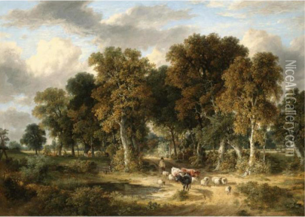 A Drover With Cattle And Sheep In A Wooded Landscape Oil Painting - James Stark