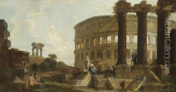 Capriccio Architettonico Con Figure E Il Colosseo Sul Fondo Oil Painting - Giovanni Paolo Panini