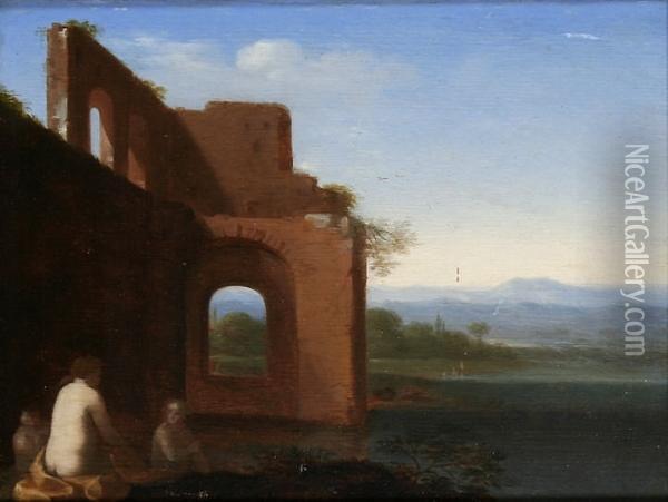Landscape With Nymphs Bathing By Classical Ruins Oil Painting - Dirck Van Der Lisse