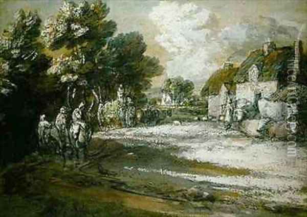 Travellers Passing a Village Oil Painting - Thomas Gainsborough