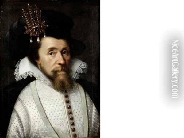 Portrait Of James I, Bust-length, In White Costume With A Black Plumed Hat Oil Painting - Paul van Somer