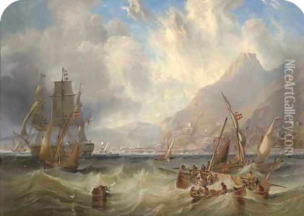 A large Second Rate, probably H.M.S. Asia, passing through local small craft off Gibraltar Oil Painting - James Wilson Carmichael