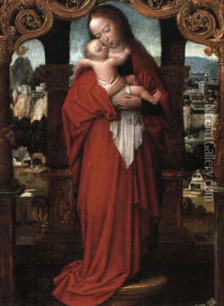The Virgin And Child On A Pedestal In A Renaissance Portico Oil Painting - Adriaen Isenbrant