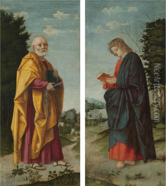 Saint Peter In A Landscape; Saint John The Evangelist In A Landscape Oil Painting - Girolamo dai Libri