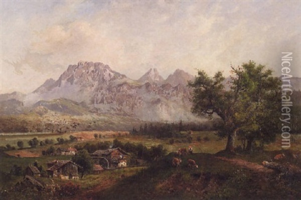 Alpine Landscape With Cows Grazing Oil Painting - Hermann Herzog
