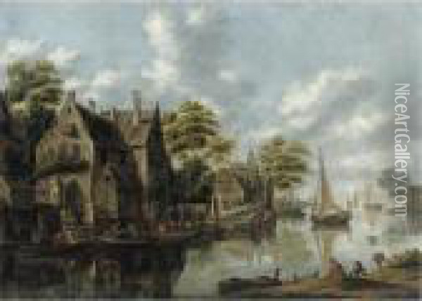 A River Landscape With Figures Outside A Tavern And Yachts Moored Alngside A Houses Oil Painting - Thomas Heeremans