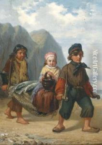 Fischerkinder Am Heimweg Mitreicher Beute Oil Painting - Julius Wagner