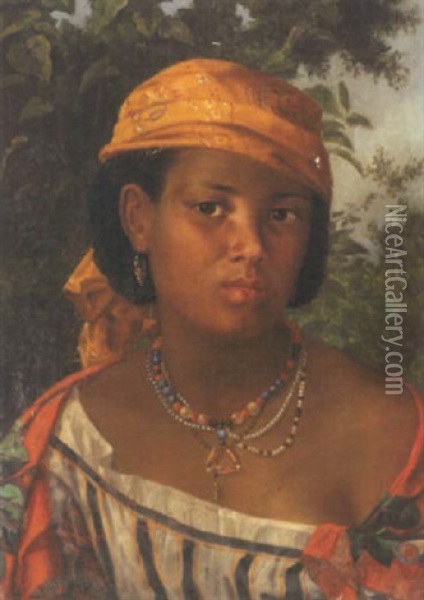 Portraet Af Ung Sydamerikansk Kvinde Med Orange Torklaede Oil Painting - Joaquim Cuadras