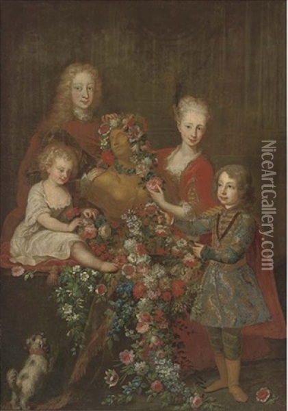 Group Portrait Of A Family With A Statue Garlanded In Flowers Oil Painting - Louis de Silvestre