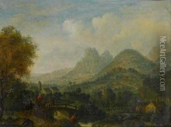 A Mountainous River Landscape With Horsemencrossing A Bridge; And A Mountainous Landscape With A Watermill Inthe Foreground Oil Painting - Cornelis Verdonck
