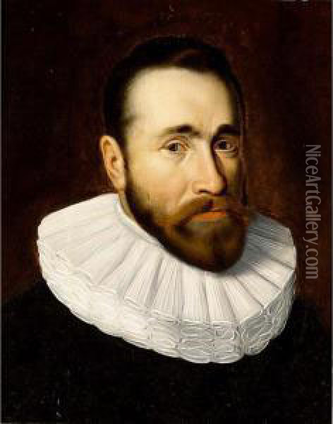 A Portrait Of A Gentleman, Bust Length, Wearing A Black Costume And White Collar Oil Painting - Thomas De Keyser