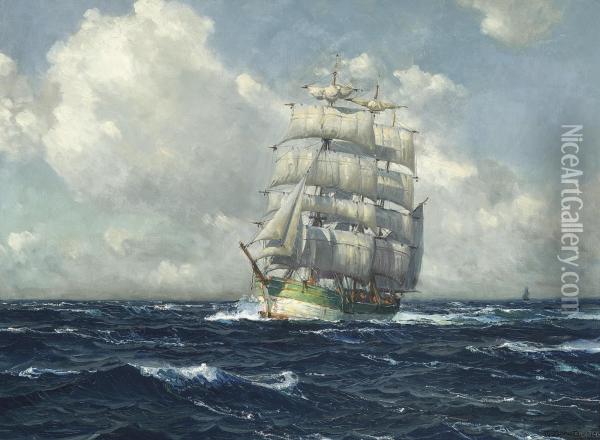 A Three-masted Barque Under Full Sail In The Mediterranean Oil Painting - Michael Zeno Diemer