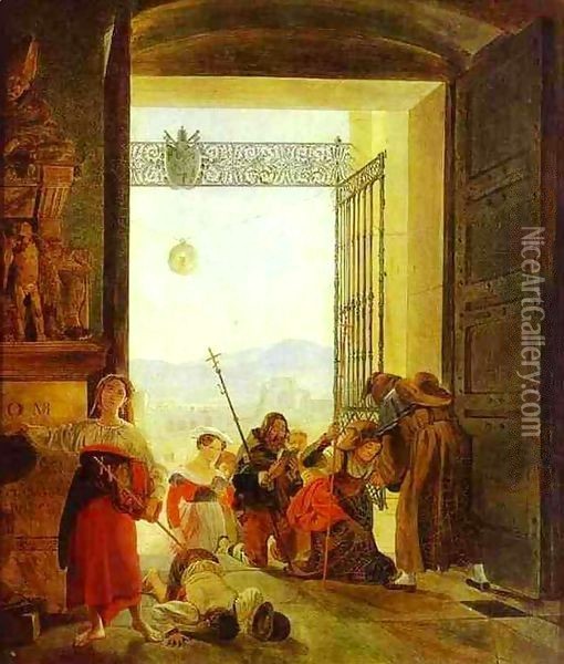 Pilgrims at the Entrance of the Lateran Basilica 1825 Oil Painting - Julia Vajda