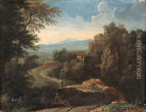 An Italianate landscape with figures by a path Oil Painting - Gaspard Dughet Poussin