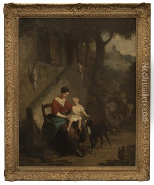 Man Returning From A Hunt To His Wife And Child Oil Painting - Florent Willems
