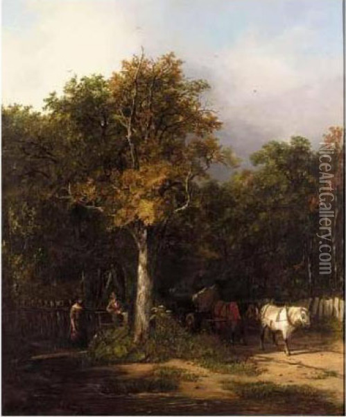 Horse And Cart On A Wooded Track Oil Painting - John Hilder