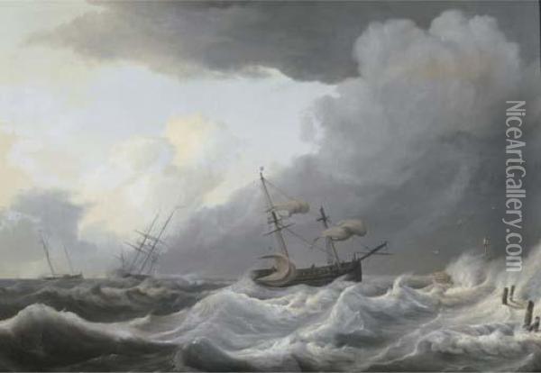 Shipping Offshore In A Gale Oil Painting - Nicolaas Bauer