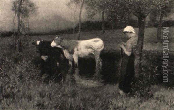 Kuhe In Einer Wasserstelle, Von Einer Jungen Hirtin Bewacht Oil Painting - Julius Hugo Bergmann