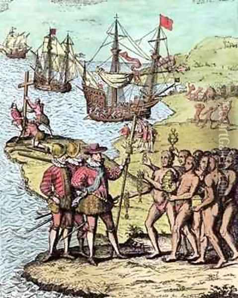 Columbus at Hispaniola Oil Painting - Theodore de Bry