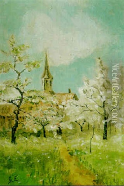 Blommande Appeltrad, Kyrka I Fonden Oil Painting - Anna Gardell-Ericson