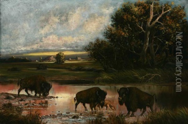 Buffalo In River Landscape Oil Painting - Henry H. Cross