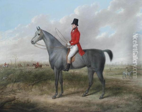 A Gentleman On His Grey Hunter, A Hunt Beyond Oil Painting - James Walsham Baldock