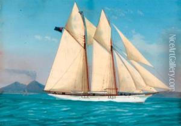 The Royal Thames Yacht Club Schooner Aphrodite In The Bay Ofnaples Oil Painting - Atributed To A. De Simone