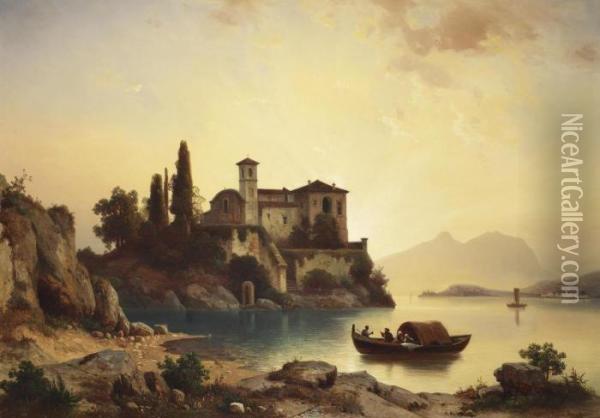 Landscape In Upper Italy With Lake Oil Painting - Heinrich Steinike