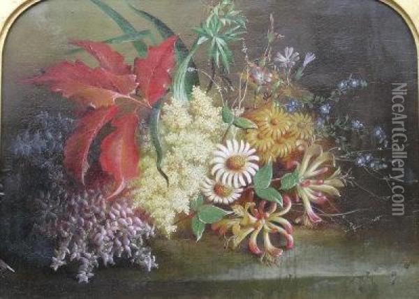 A Still Life Composition With Honeysuckle, Heather And Elder Floweron Stone Ledge Oil Painting - Albert Durer Lucas