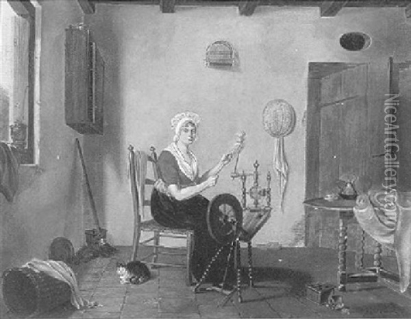Een Vrouw Aan Het Spinnewiel Oil Painting - Lambertus Johannes Hansen