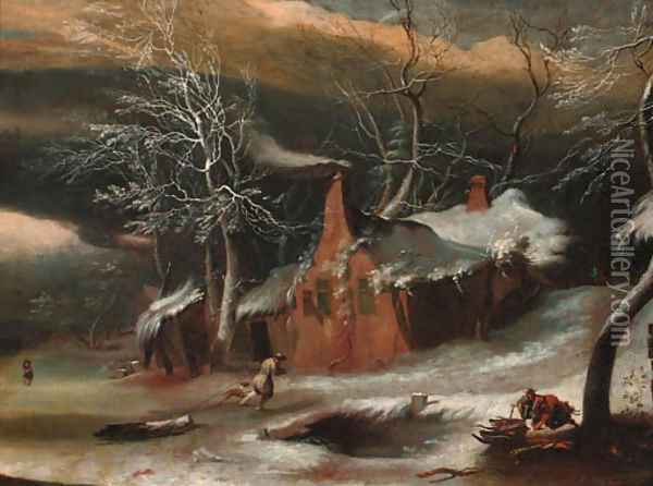 A winter landscape with woodmen before a cottage Oil Painting - Willem Schellincks