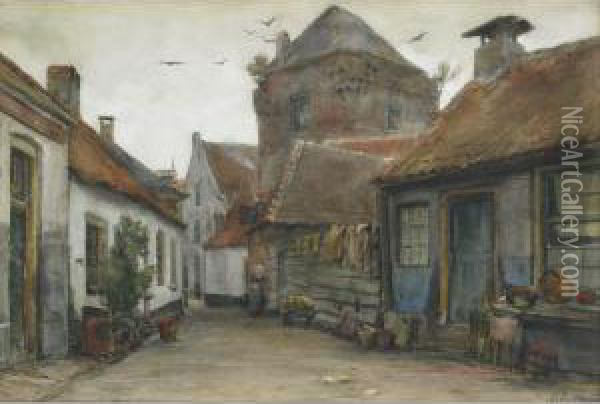 Washday In A Dutch Laneway Oil Painting - Jan Hillebrand Wijsmuller