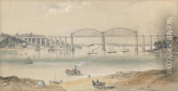 Paddlesteamers And Other Shipping On The Tamar Below Brunel's Royal Albert Bridge Oil Painting - George Bryant Campion