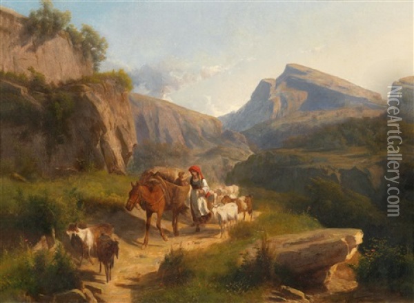 Hirtin Mit Ihrer Kleinen Herde Am Bergpass Oil Painting - Andras Marko