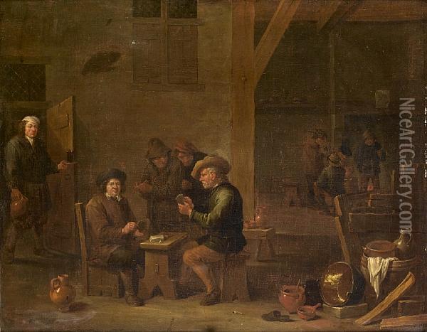 A Tavern Interior With Figures Playing At Cards Oil Painting - Hendrick Herregouts